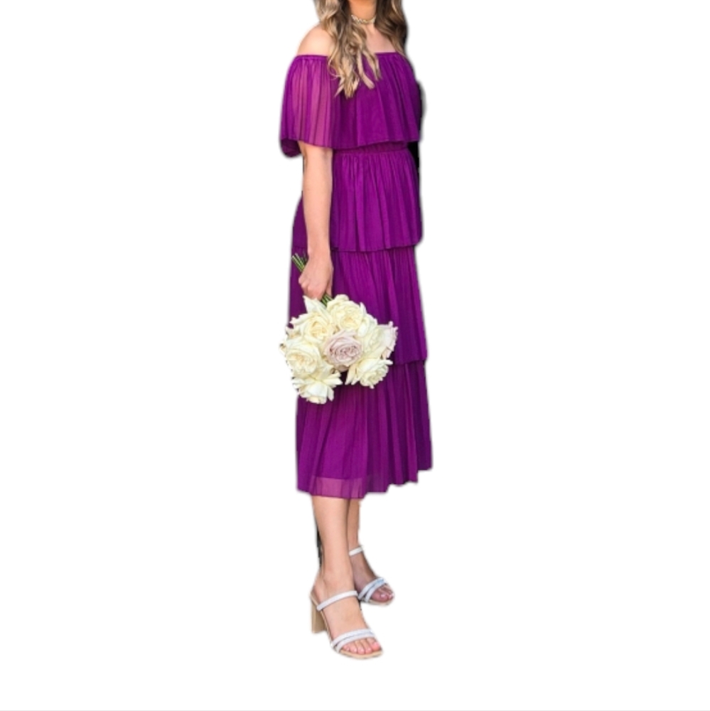 Like New Premier Amour Off Shoulder Mesh Midi Shift Dress Tiered Ruffled Layers